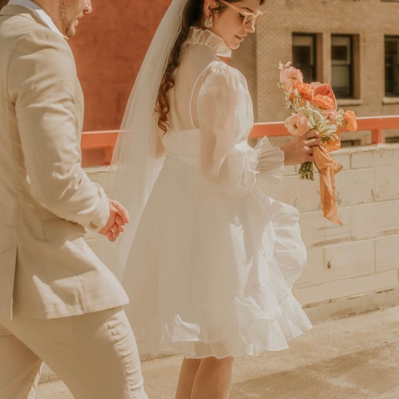 Sweet retro style sheer ruffle balloon sleeve short wedding dress - Picture 4 of 6